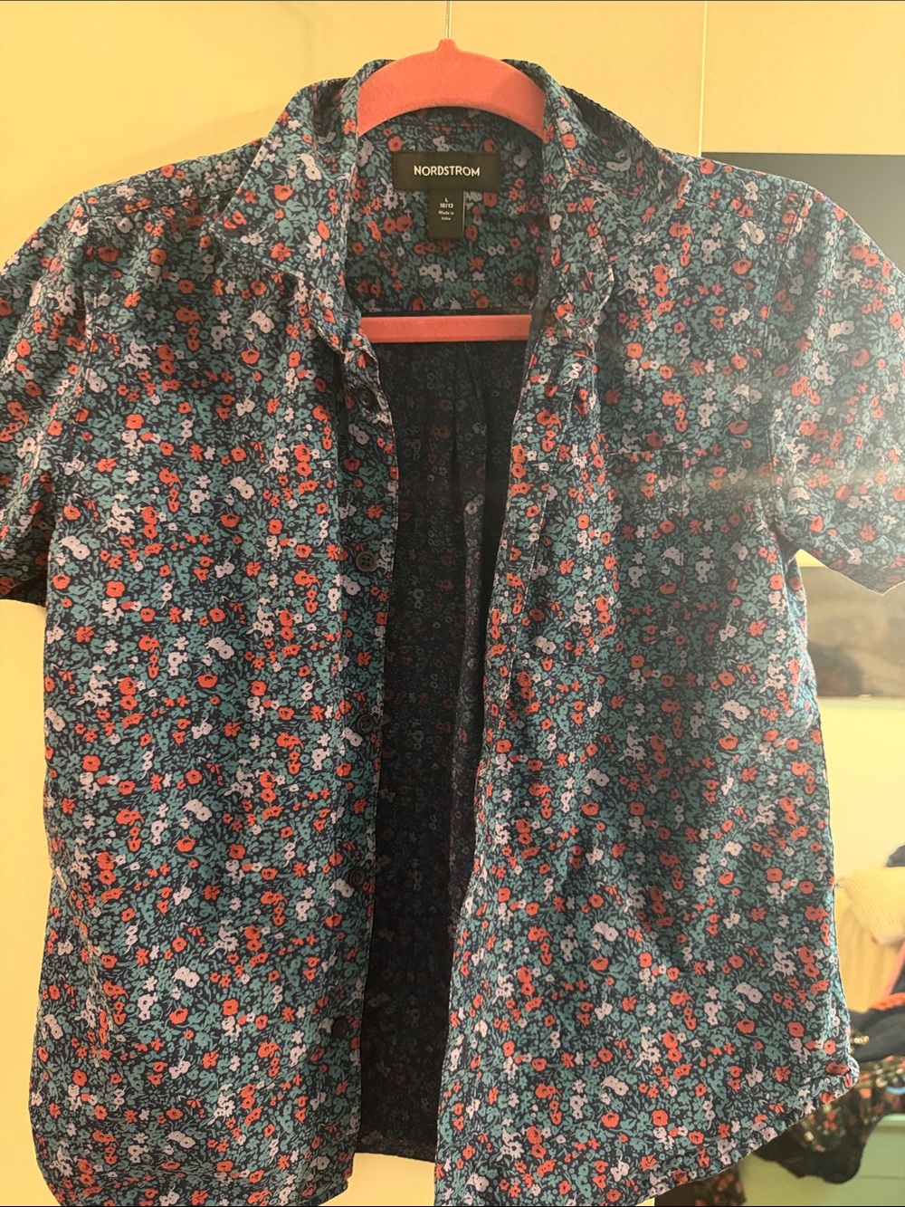 Nordstrom Men’s Navy Floral Short-Sleeve Button-Down Shirt with Red Accents
